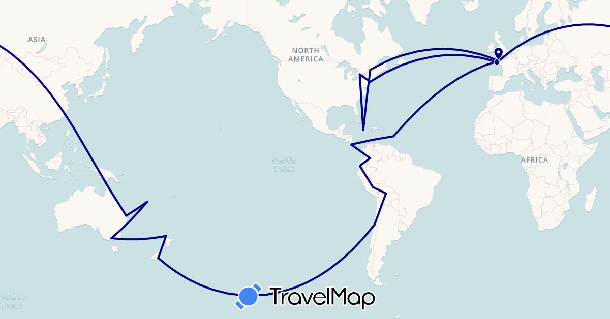 TravelMap itinerary: driving in Australia, Bolivia, Canada, Chile, Colombia, Costa Rica, Ecuador, France, Jamaica, New Zealand, Peru, United States (Europe, North America, Oceania, South America)